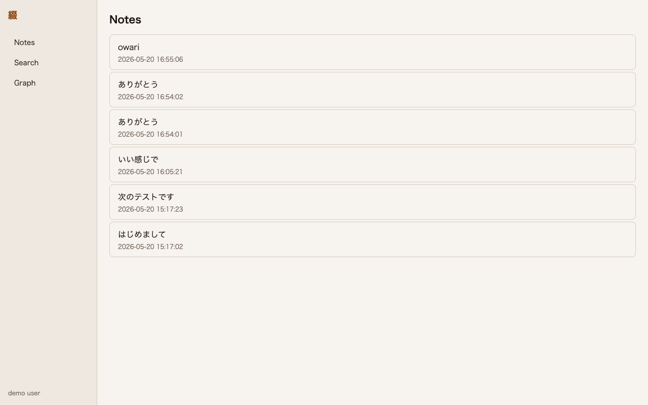 Tsuzuri の Web 版で表示したノート一覧画面